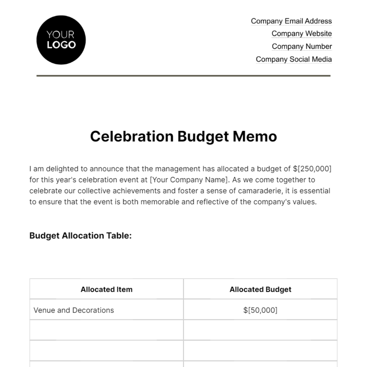 Celebration Budget Memo HR Template