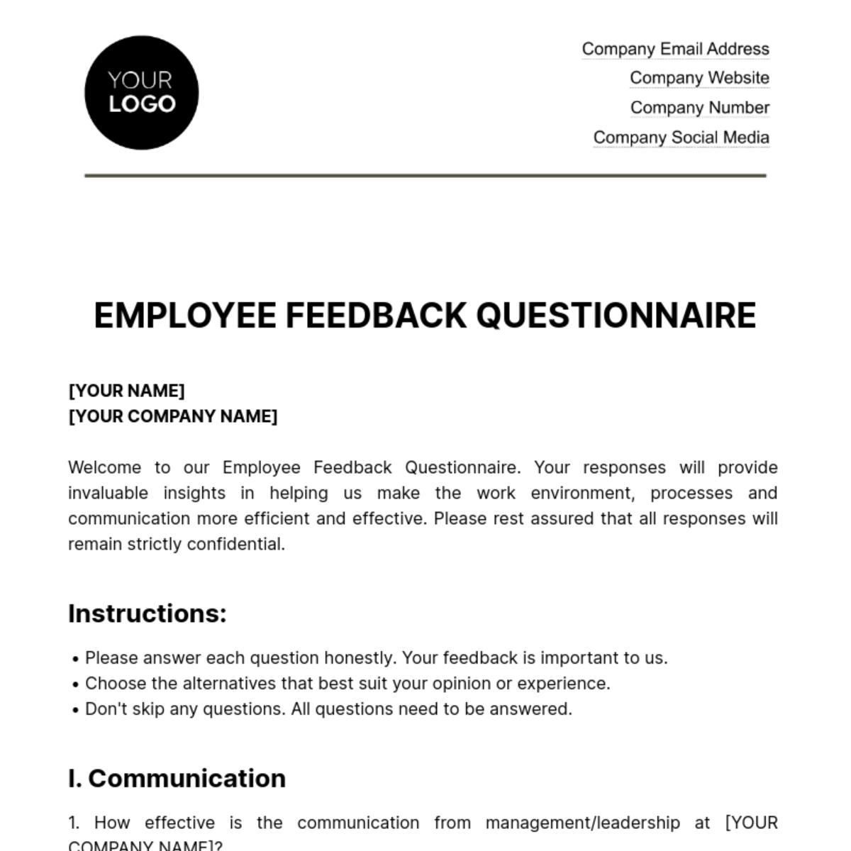 Employee Feedback Questionnaire HR Template