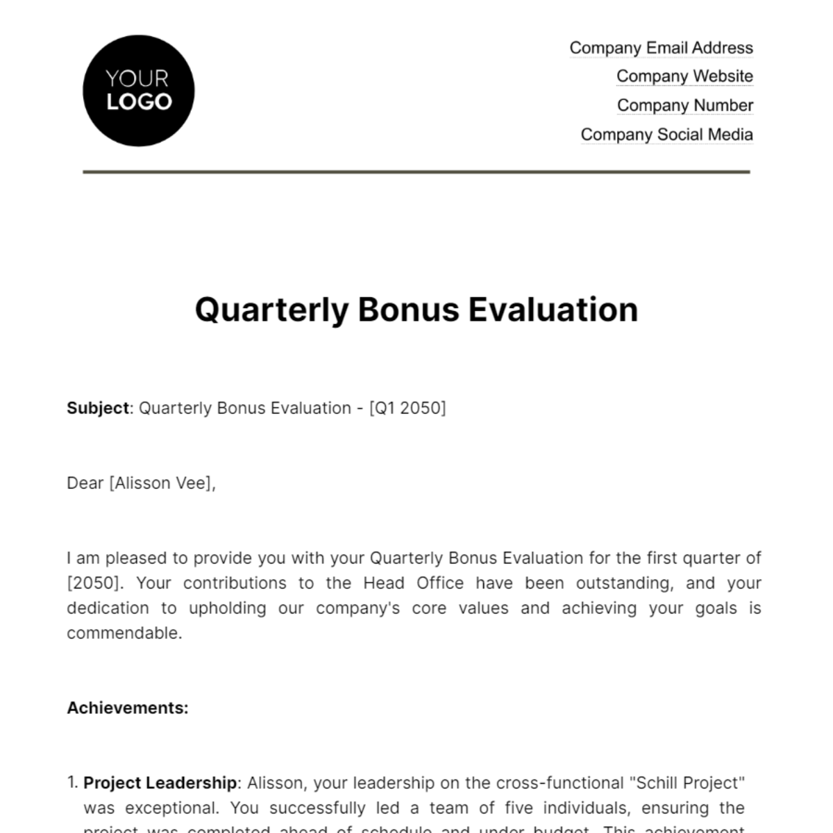 Quarterly Bonus Evaluation HR Template