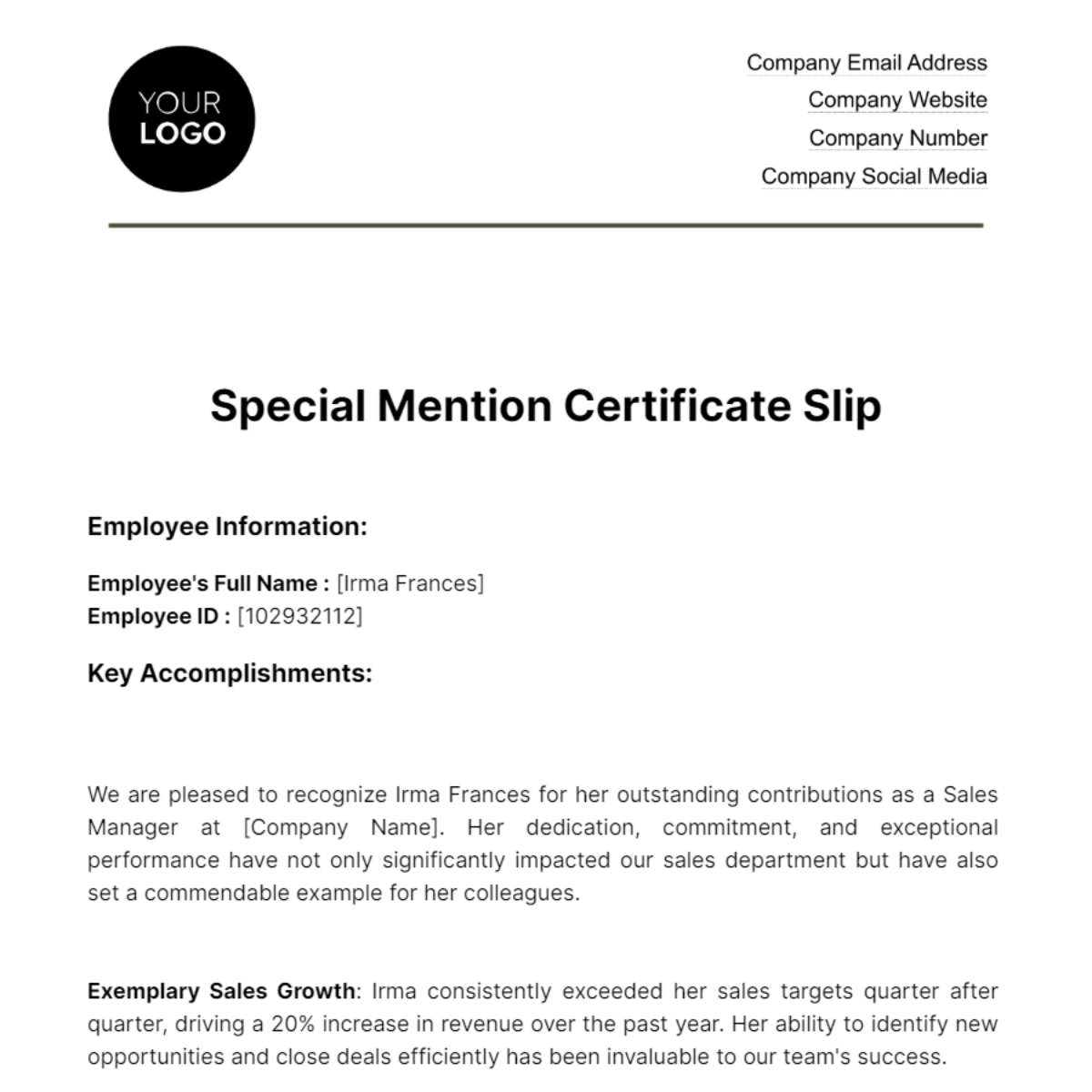 Special Mention Certificate Slip HR Template