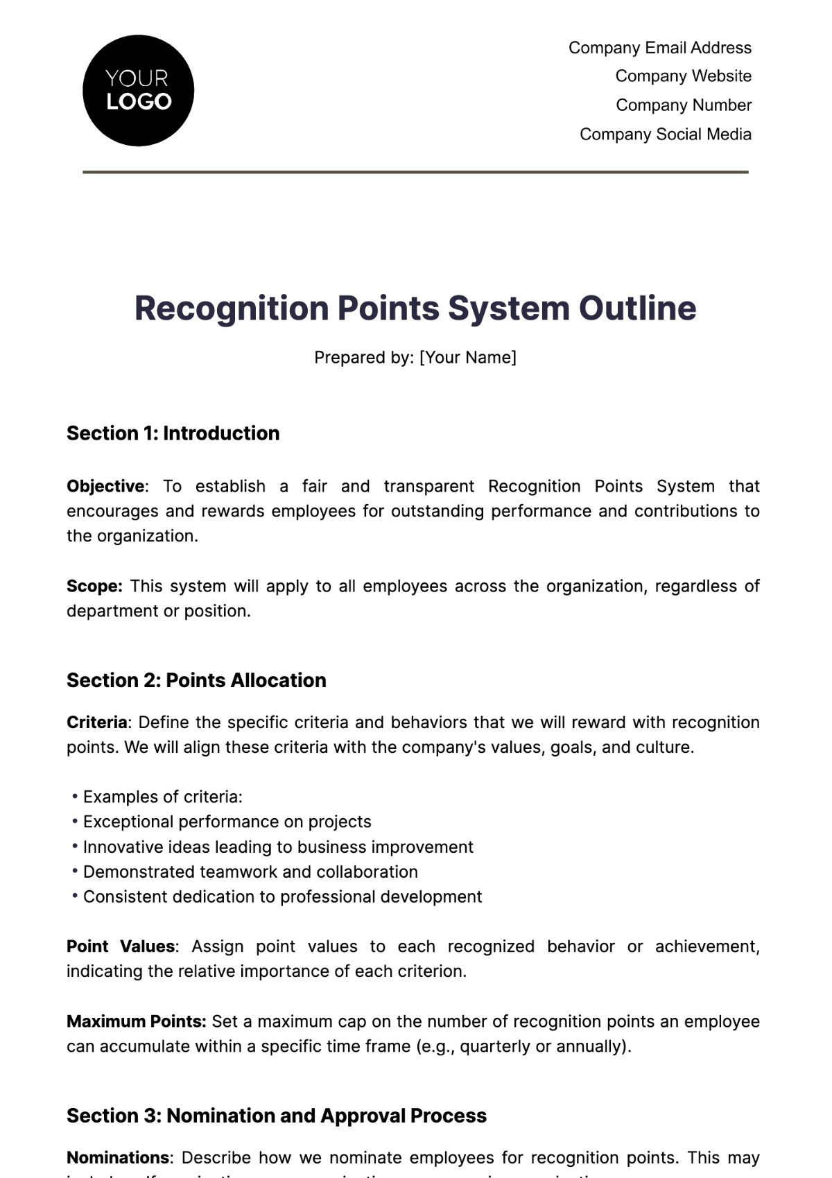 Recognition Points System Outline HR Template - Edit Online & Download