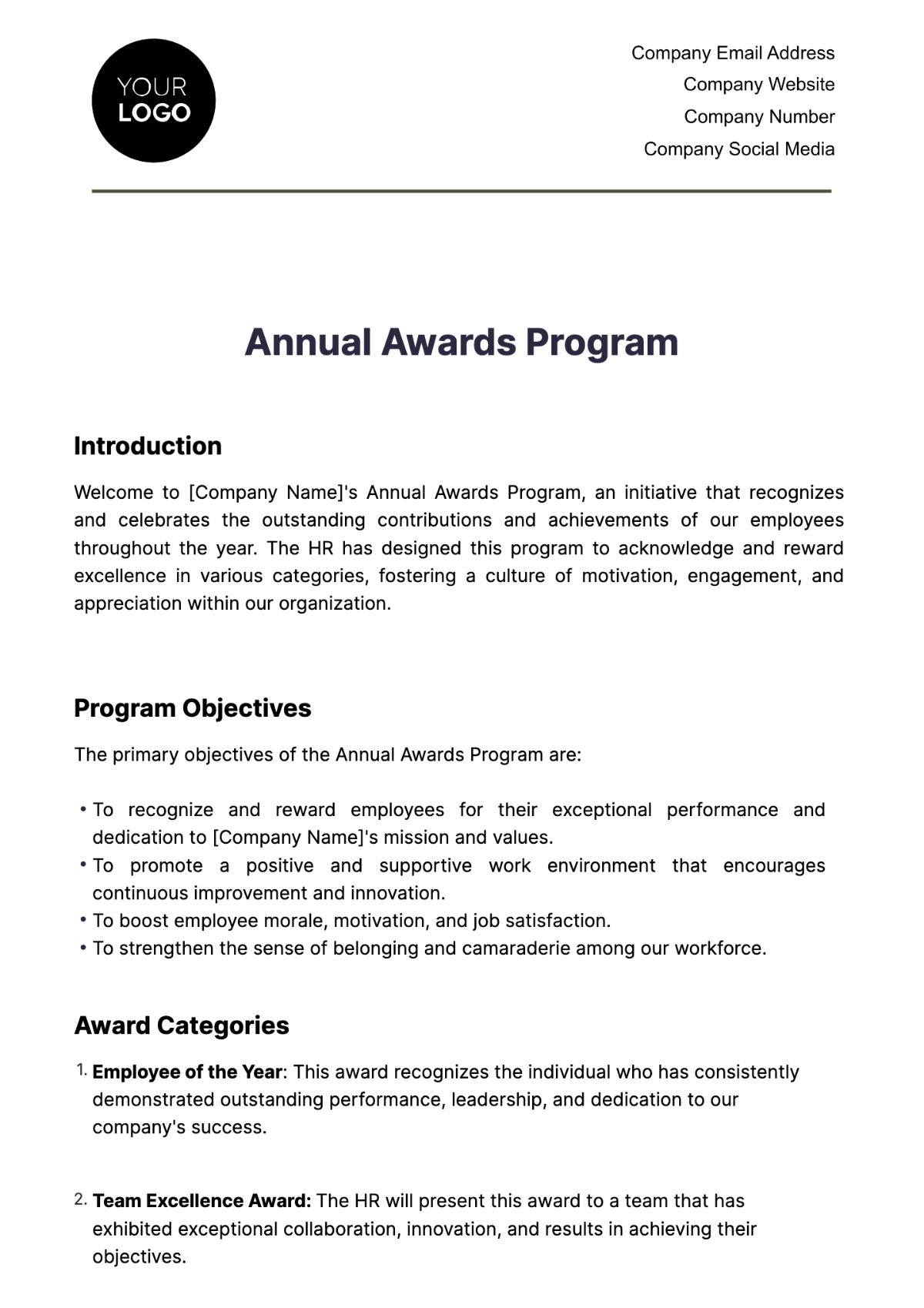 Annual Awards Program HR Template - Edit Online & Download