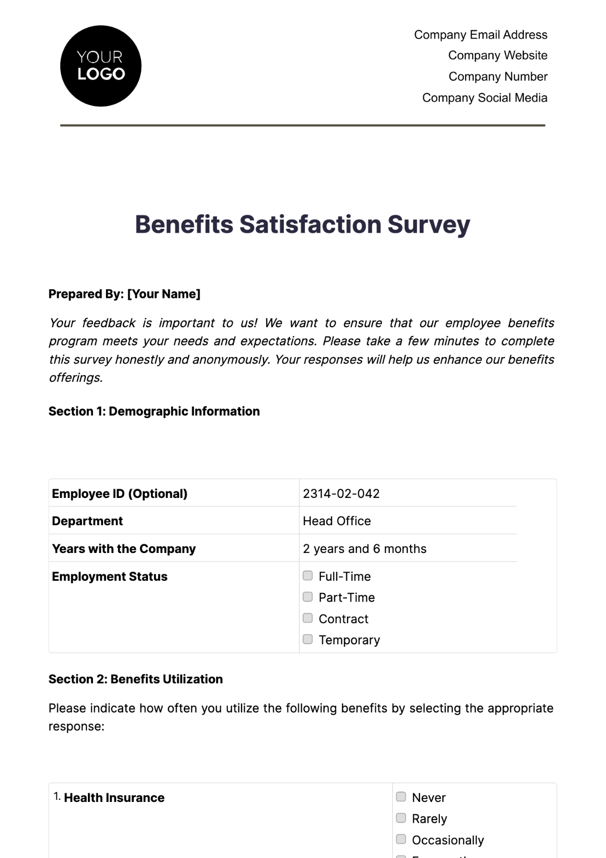 Benefits Satisfaction Survey HR Template - Edit Online & Download