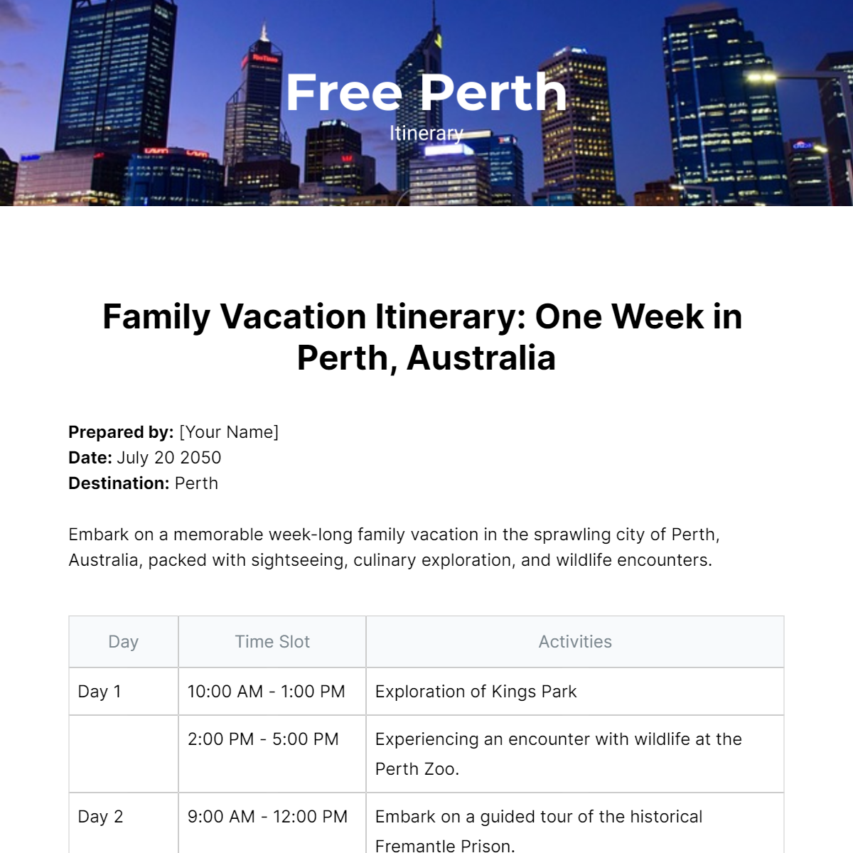 Perth Itinerary Template Edit Online & Download Example