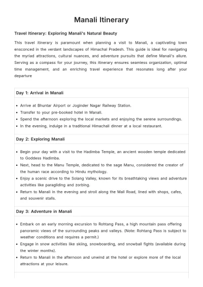 Free Manali Itinerary Template to Edit Online