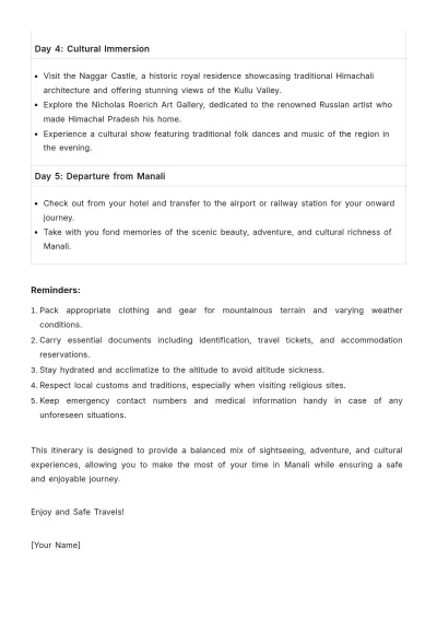 Free Manali Itinerary Template to Edit Online
