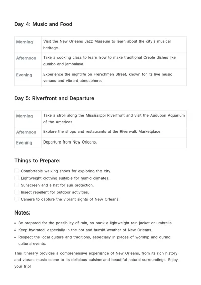 Free New Orleans Itinerary Template to Edit Online