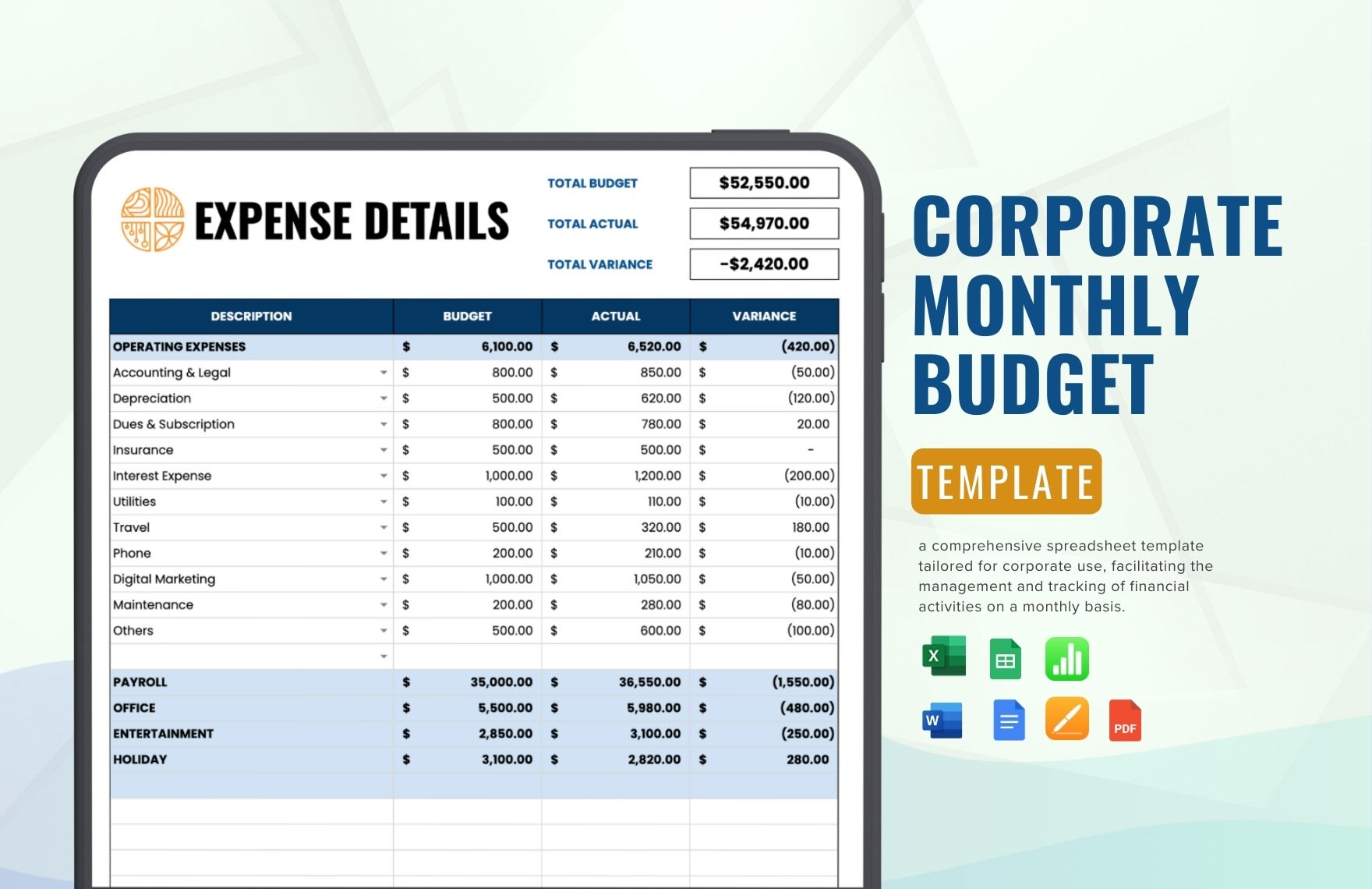 Corporate Monthly Budget Template in Word, Google Docs, Excel, PDF, Google Sheets, Apple Pages, Apple Numbers