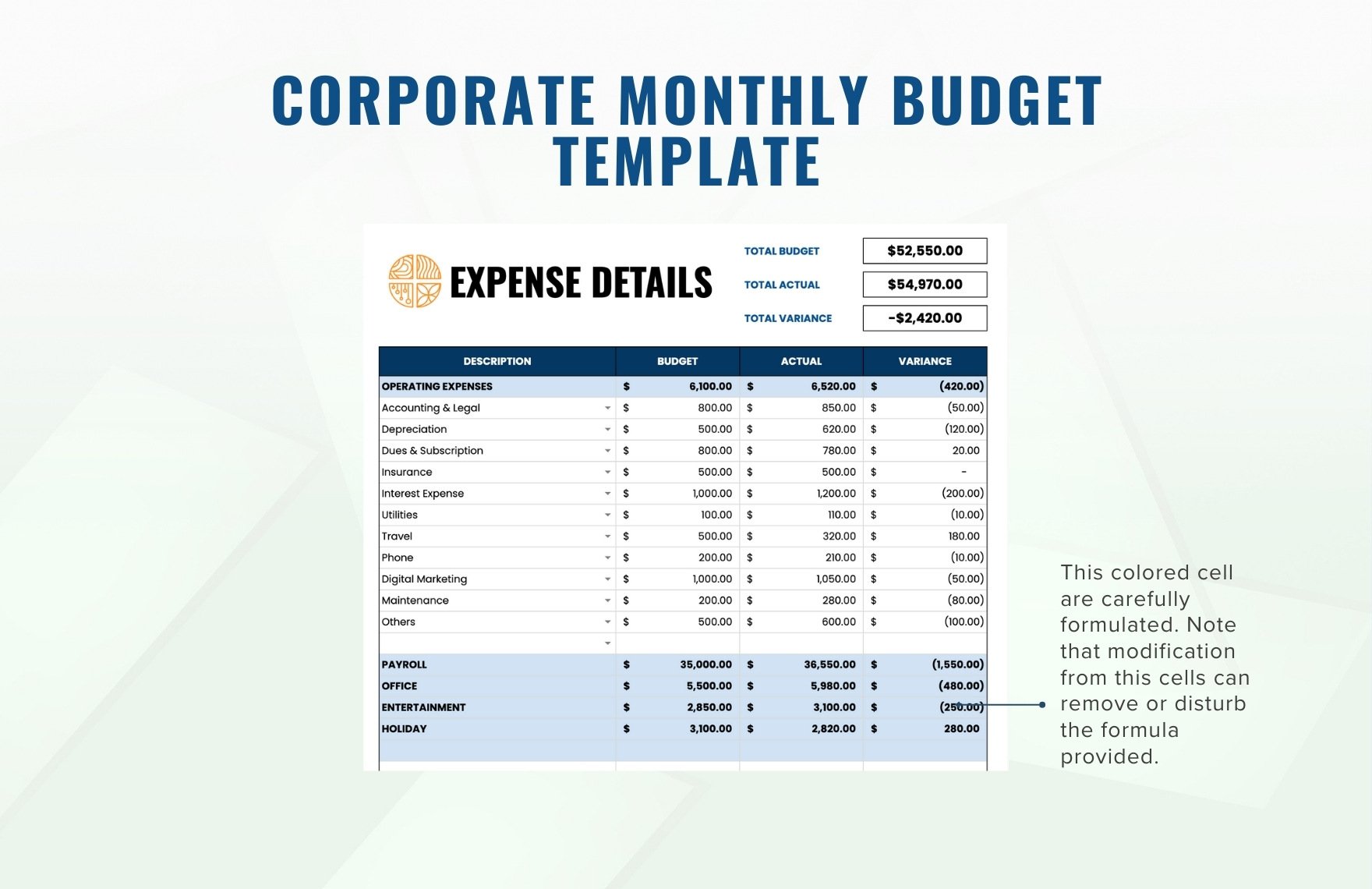 Corporate Monthly Budget Template