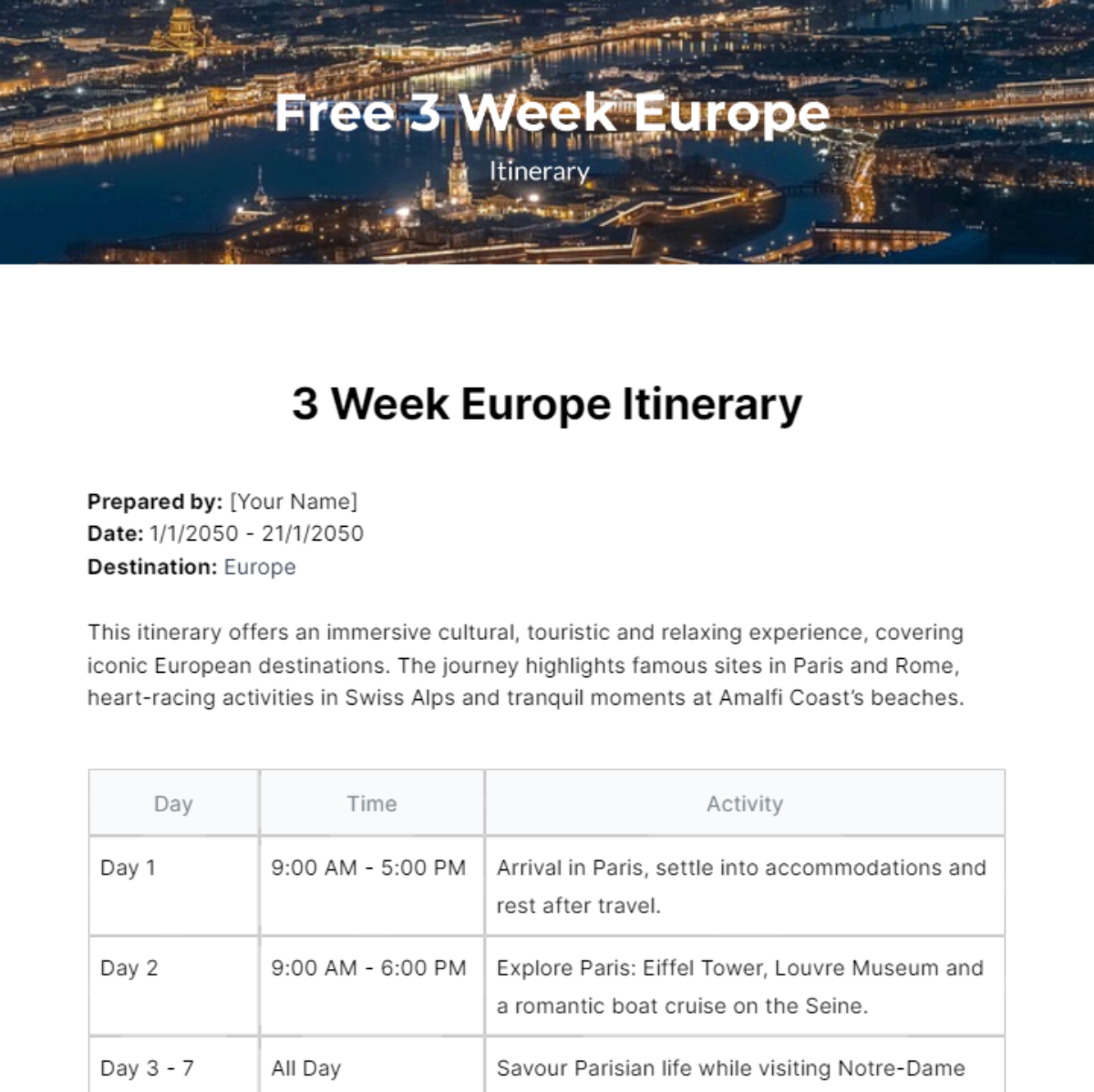 3 Week Europe Itinerary Template - Edit Online & Download Example ...