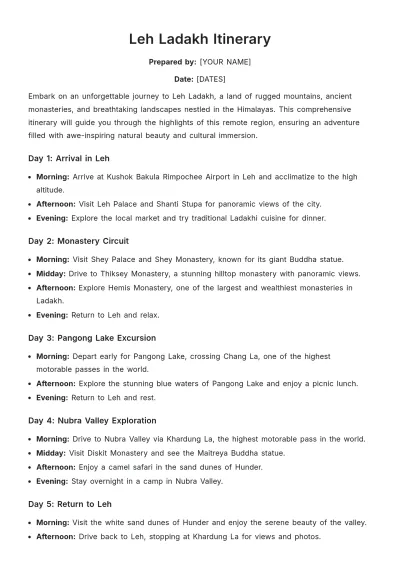 Free Leh Ladakh Itinerary Template to Edit Online