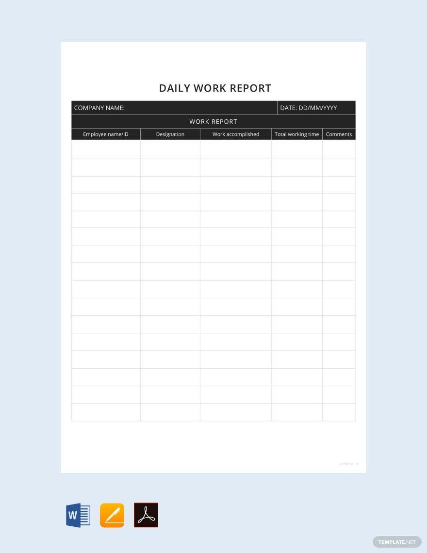 Sample Daily Work Report Template in Word, Google Docs, PDF, Apple Pages