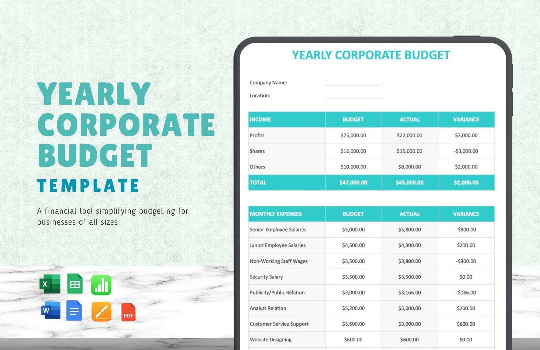 Yearly Corporate Budget Template in Word, Google Docs, Excel, PDF, Google Sheets, Apple Pages, Apple Numbers
