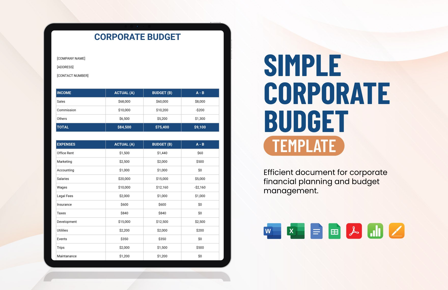 Simple Corporate Budget Template in Word, Google Docs, Excel, PDF, Google Sheets, Apple Pages, Apple Numbers