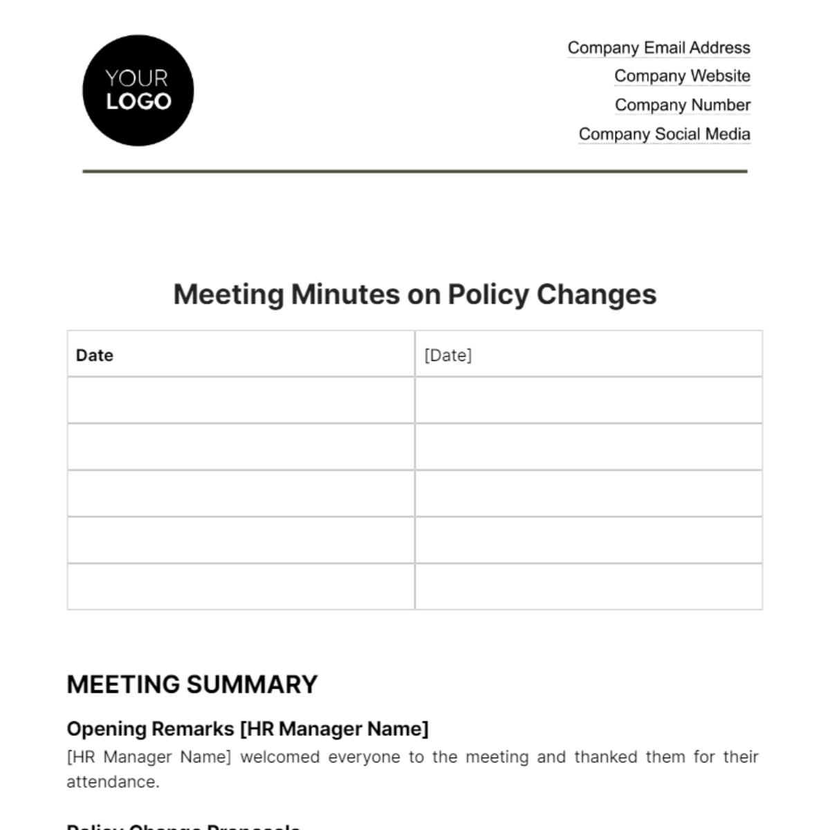 Free Meeting Minutes on Policy Changes HR Template