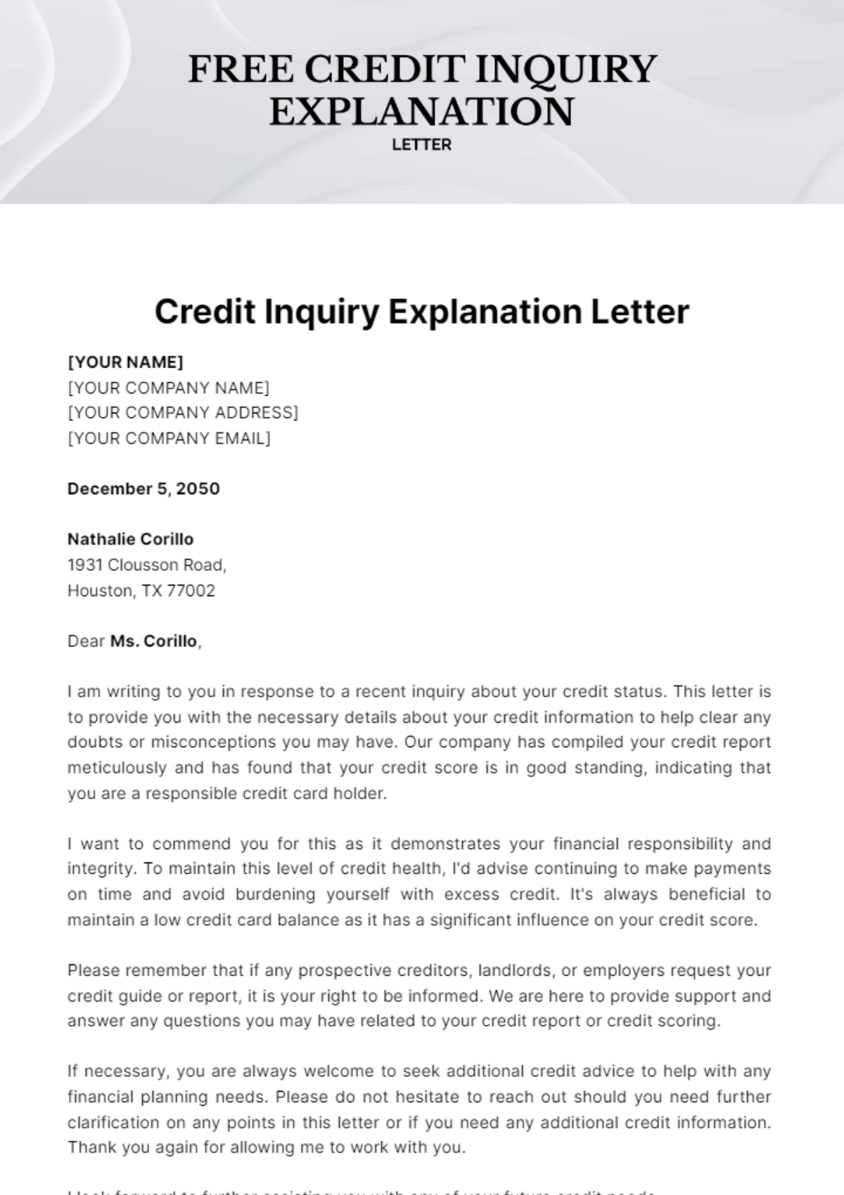 Credit Inquiry Explanation Letter Template