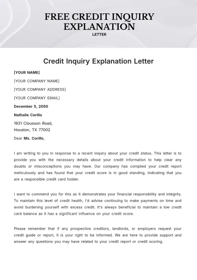 Free Credit Inquiry Explanation Letter Template to Edit Online