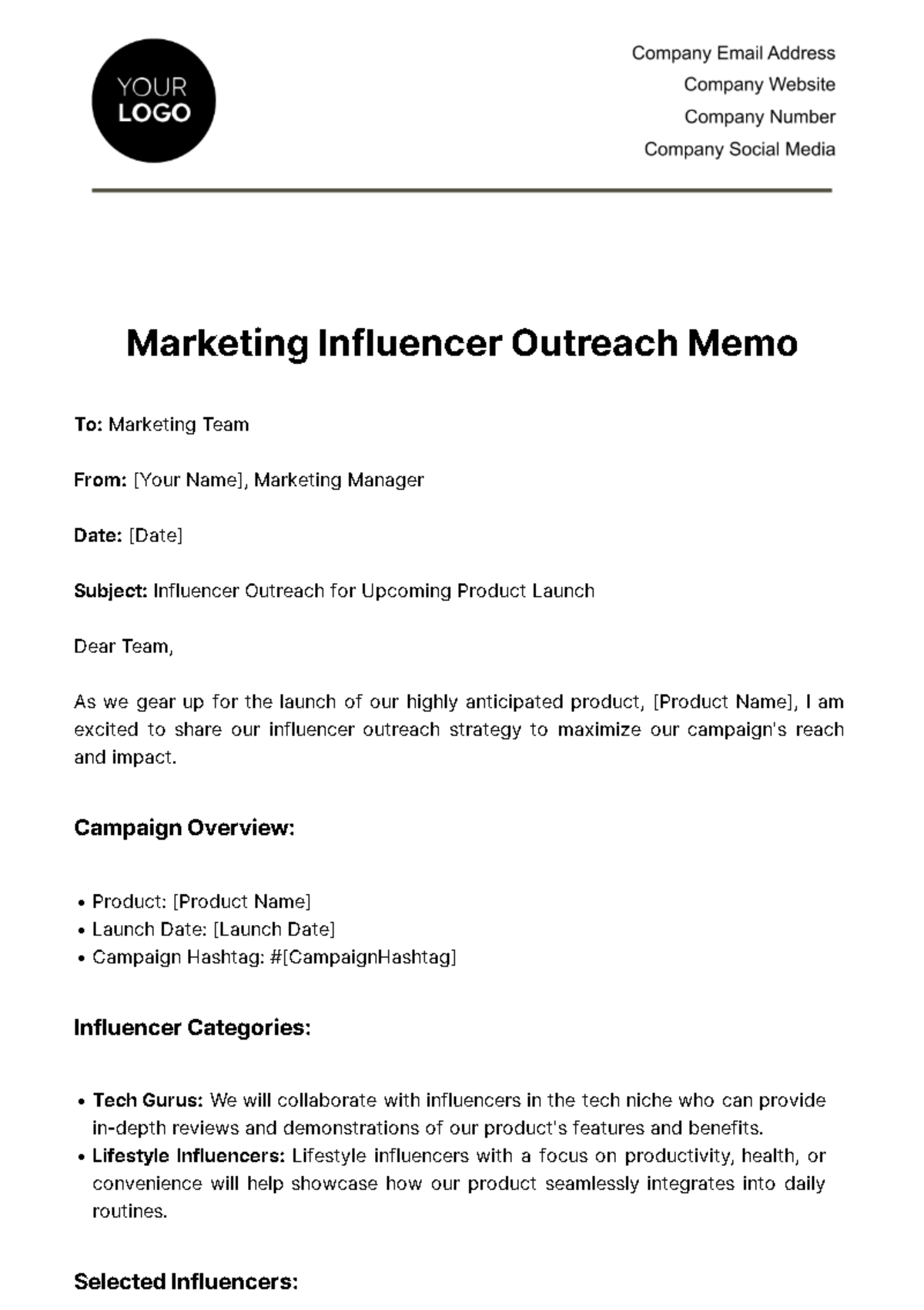 Marketing Influencer Outreach Memo Template