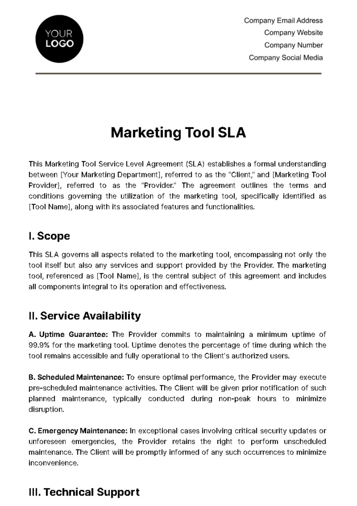 Marketing Tool SLA Template