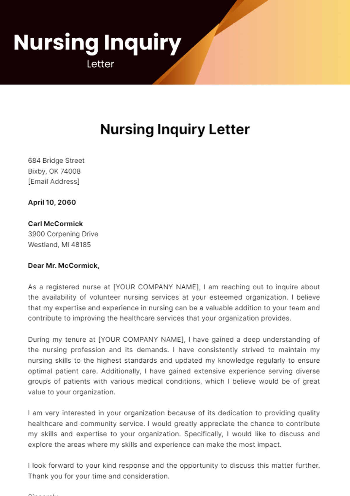 Nursing Inquiry Letter Template