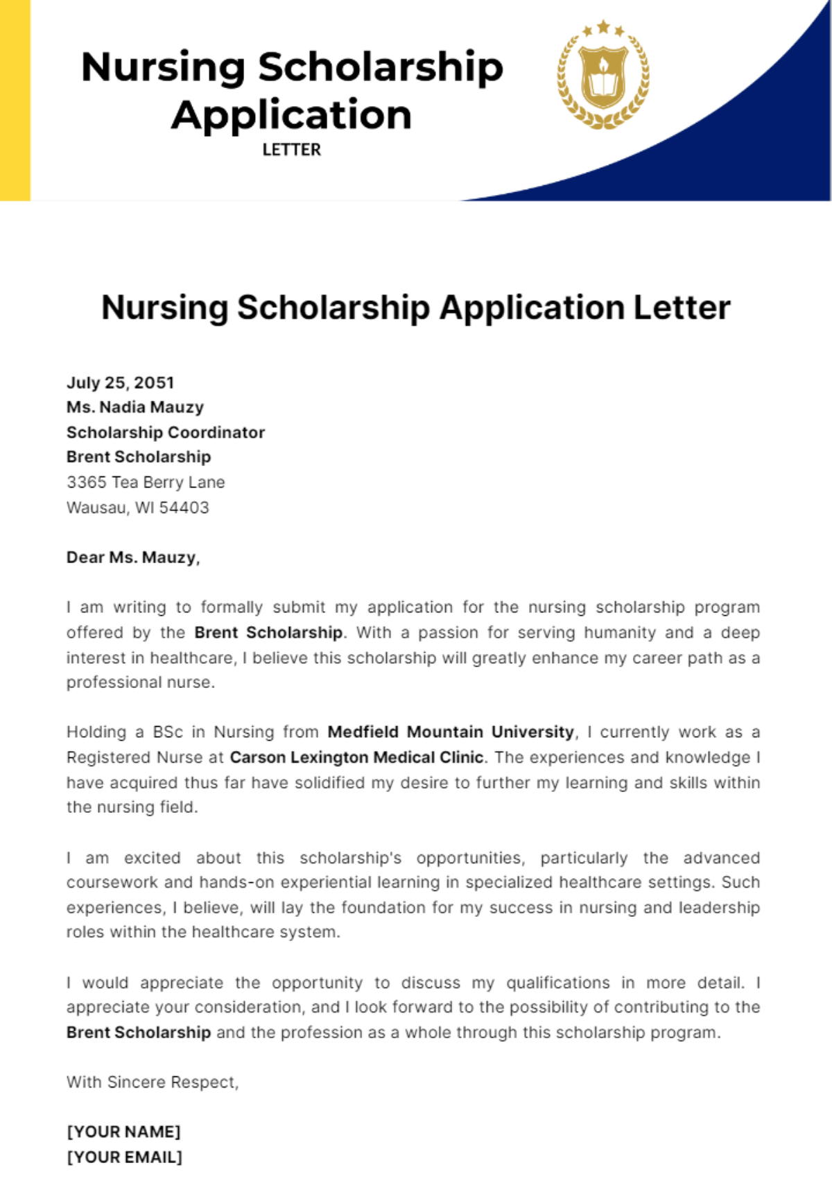 Nursing Scholarship Application Letter Template - Edit Online & Download