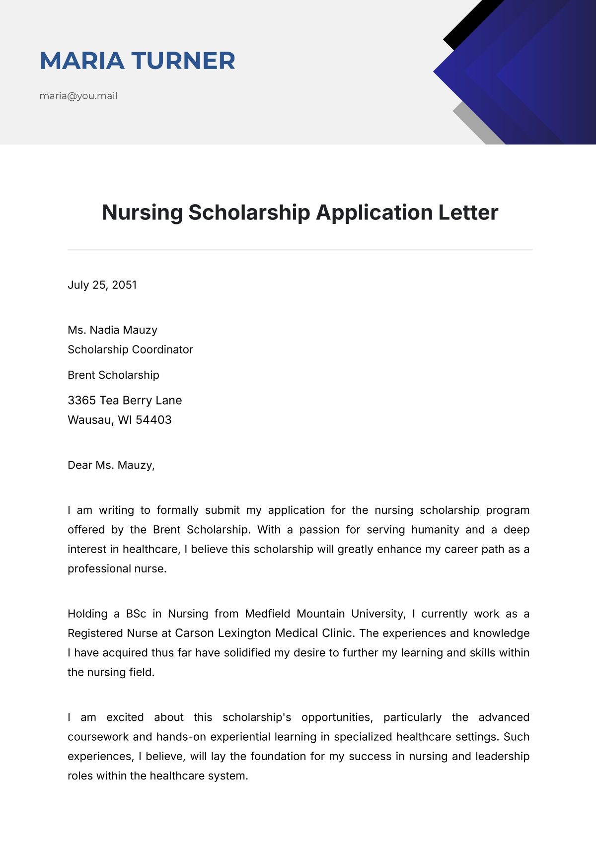 Nursing Scholarship Application Letter Template - Edit Online & Download