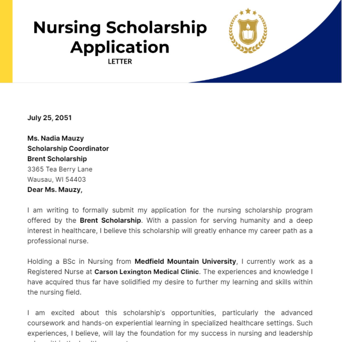 Nursing Scholarship Application Letter Template - Edit Online & Download