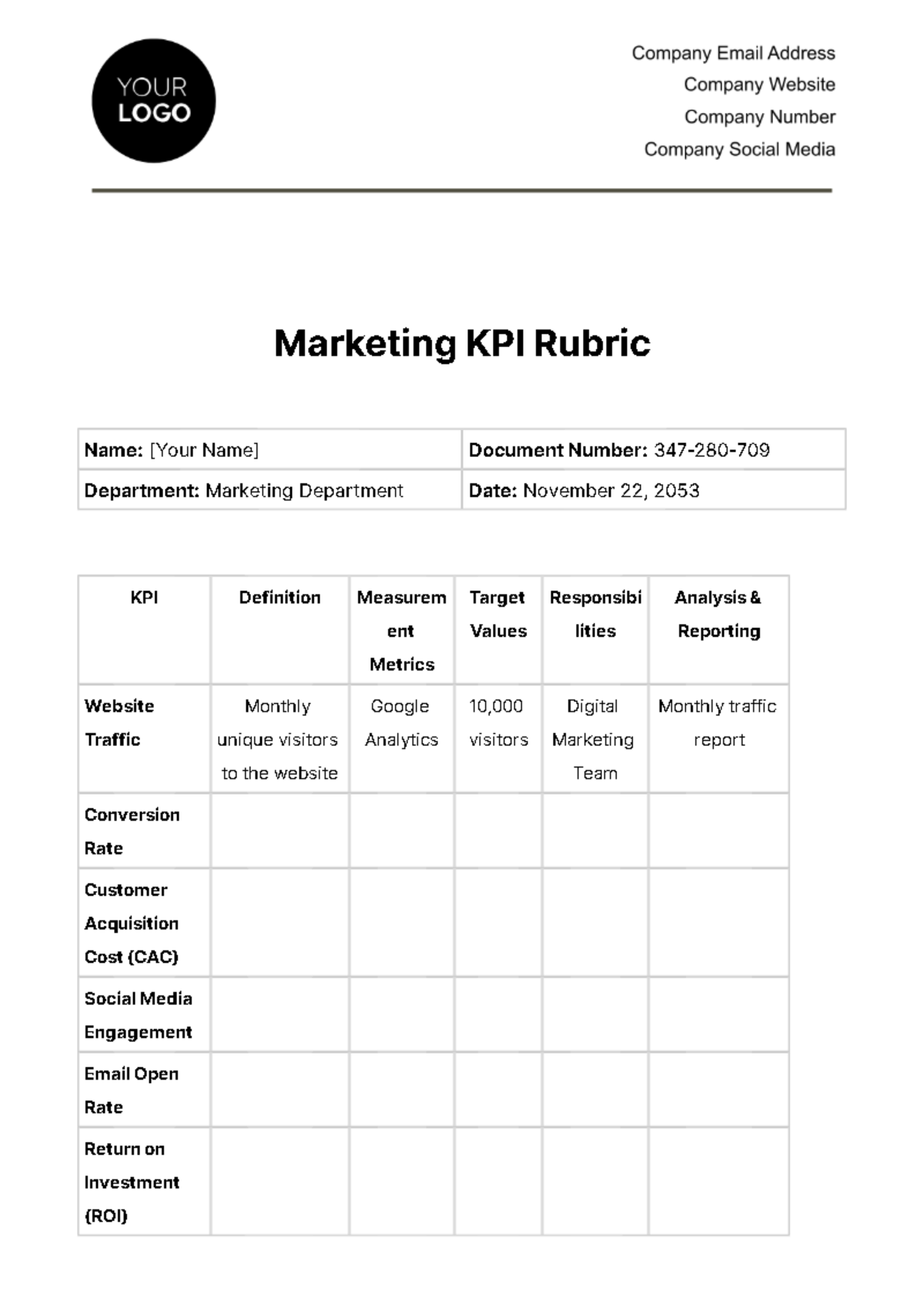 Marketing KPI Rubric Template