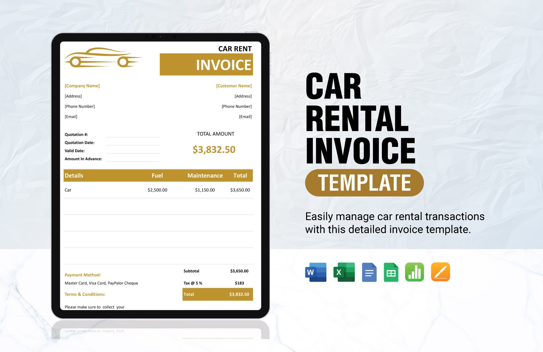 Free Car Rental Invoice in Word, Google Docs, Excel, Google Sheets, Apple Pages, Apple Numbers