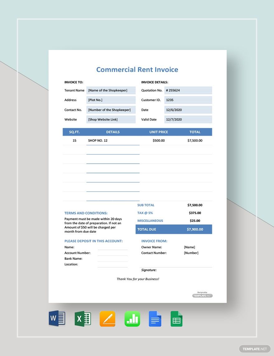 Commercial Rent Invoice Template