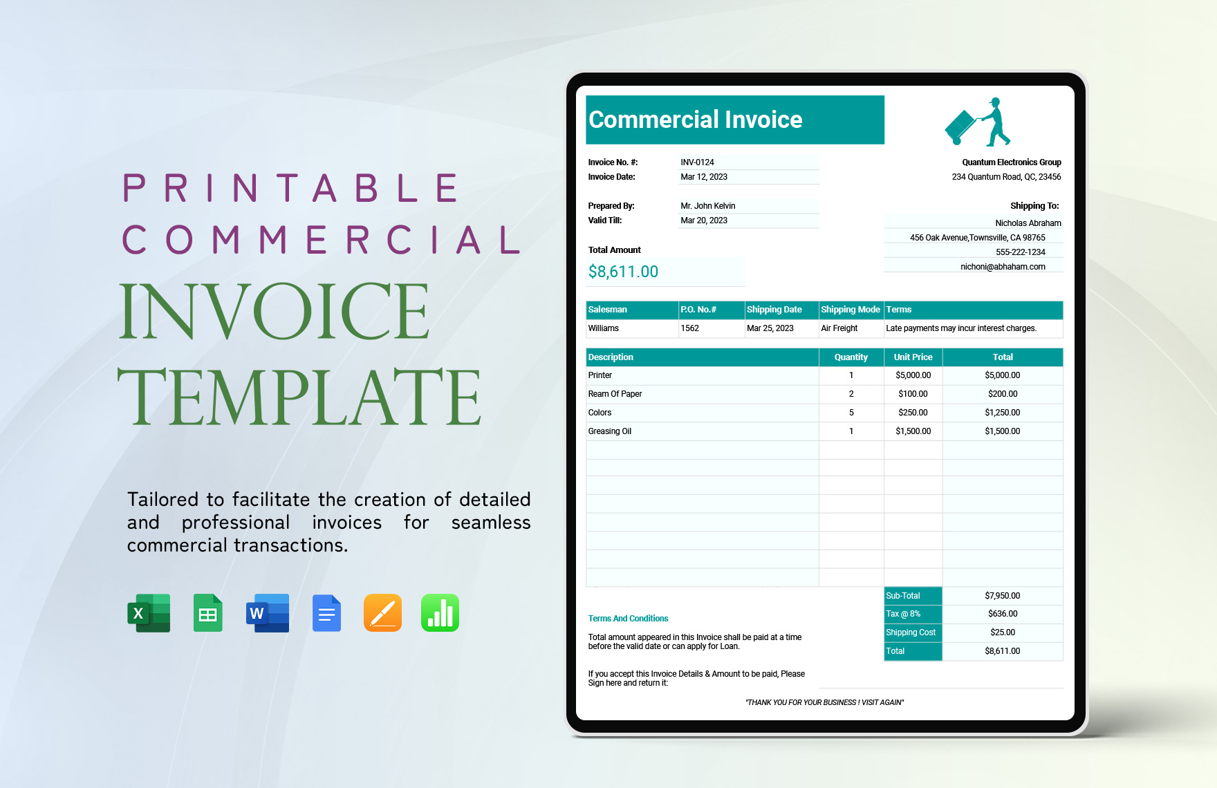 Printable Commercial Invoice Template in Word, Google Docs, Excel, Google Sheets, Apple Pages, Apple Numbers