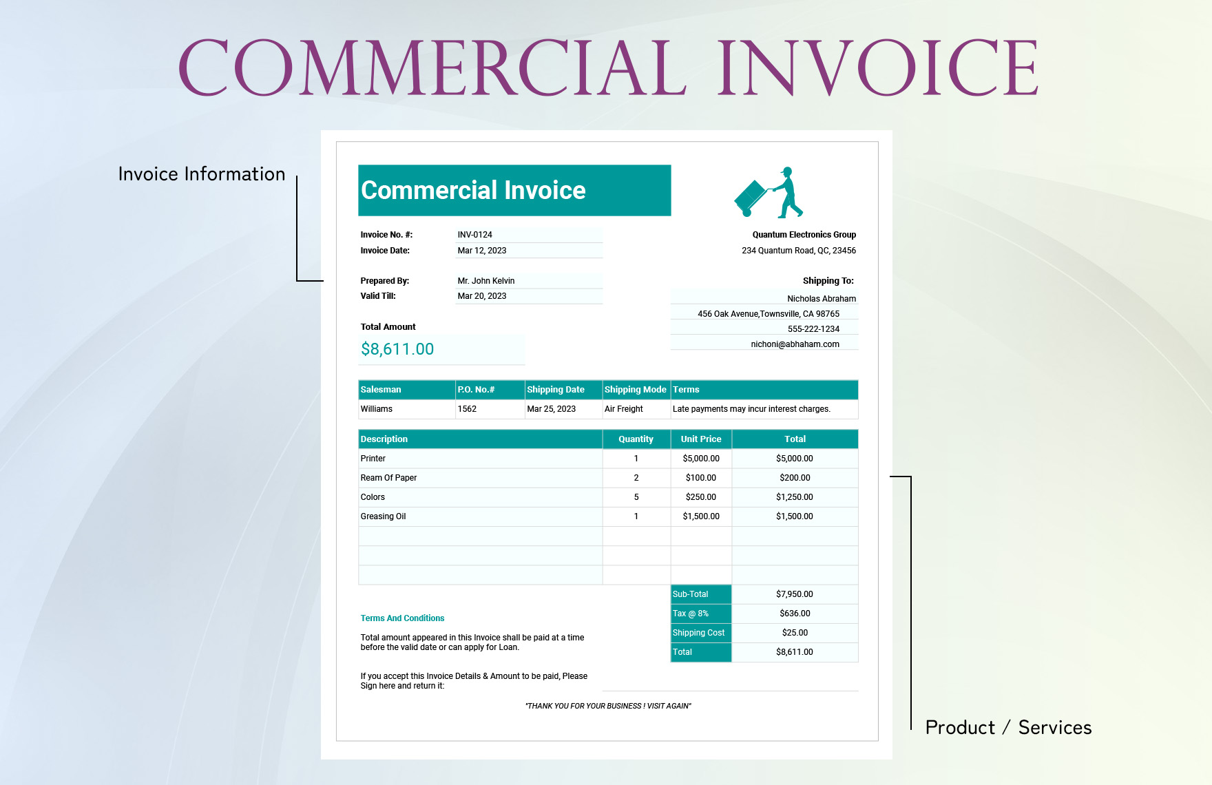 Printable Commercial Invoice Template