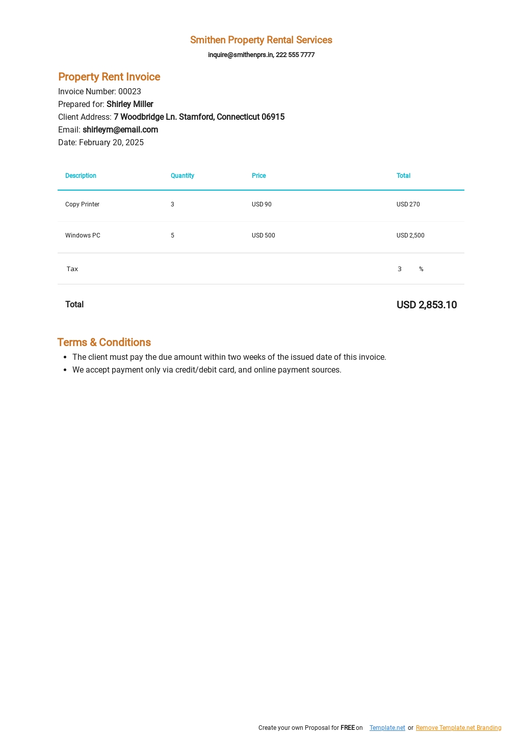 rent invoice template excel