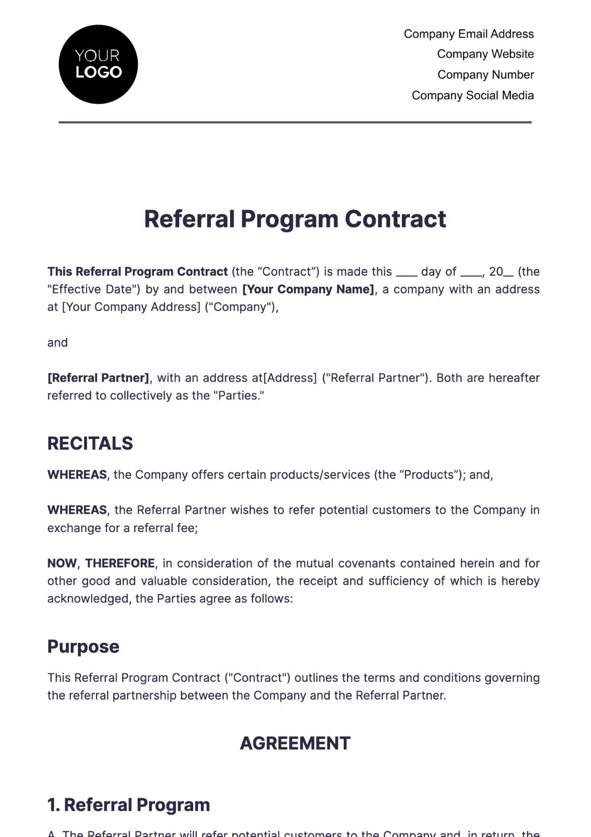 Referral Program Contract HR Template - Edit Online & Download