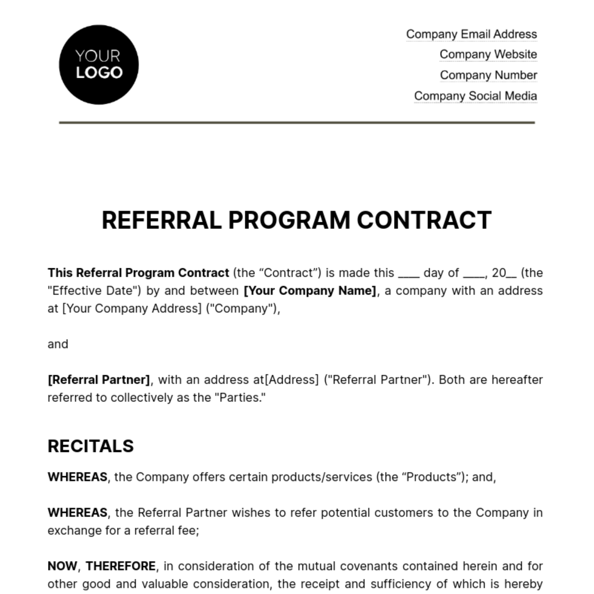 Free Referral Program Contract HR Template