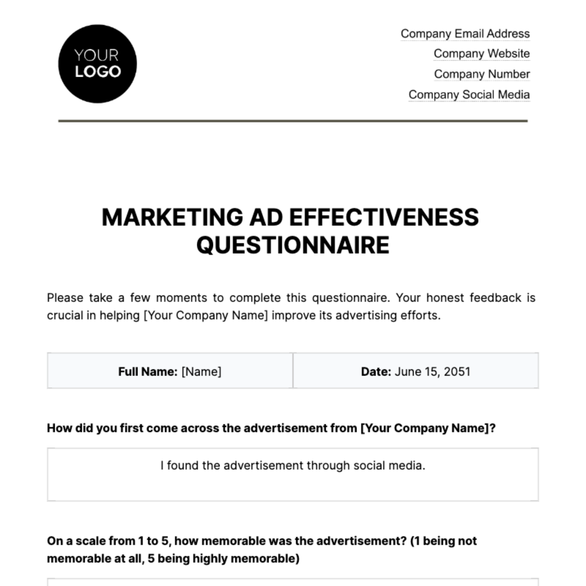 Marketing Ad Effectiveness Questionnaire Template