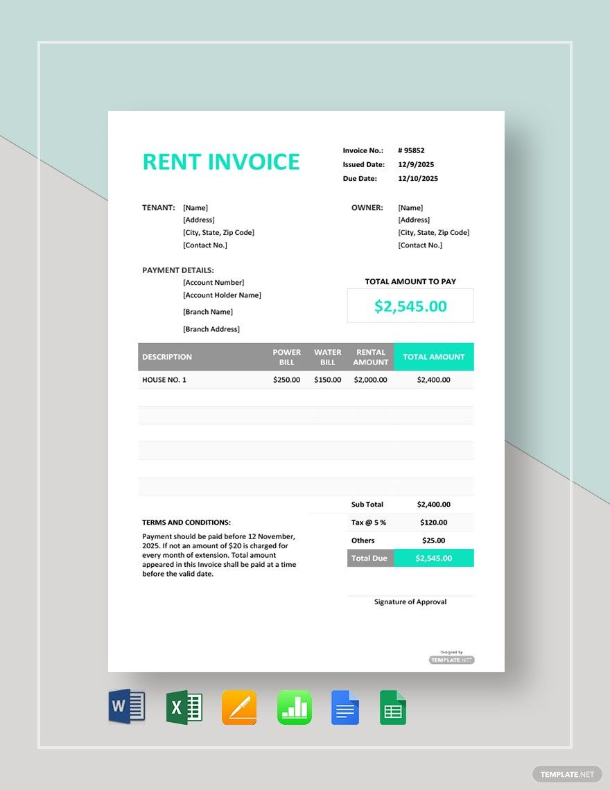 Simple Rent Invoice Template Google Docs, Google Sheets, Excel, Word