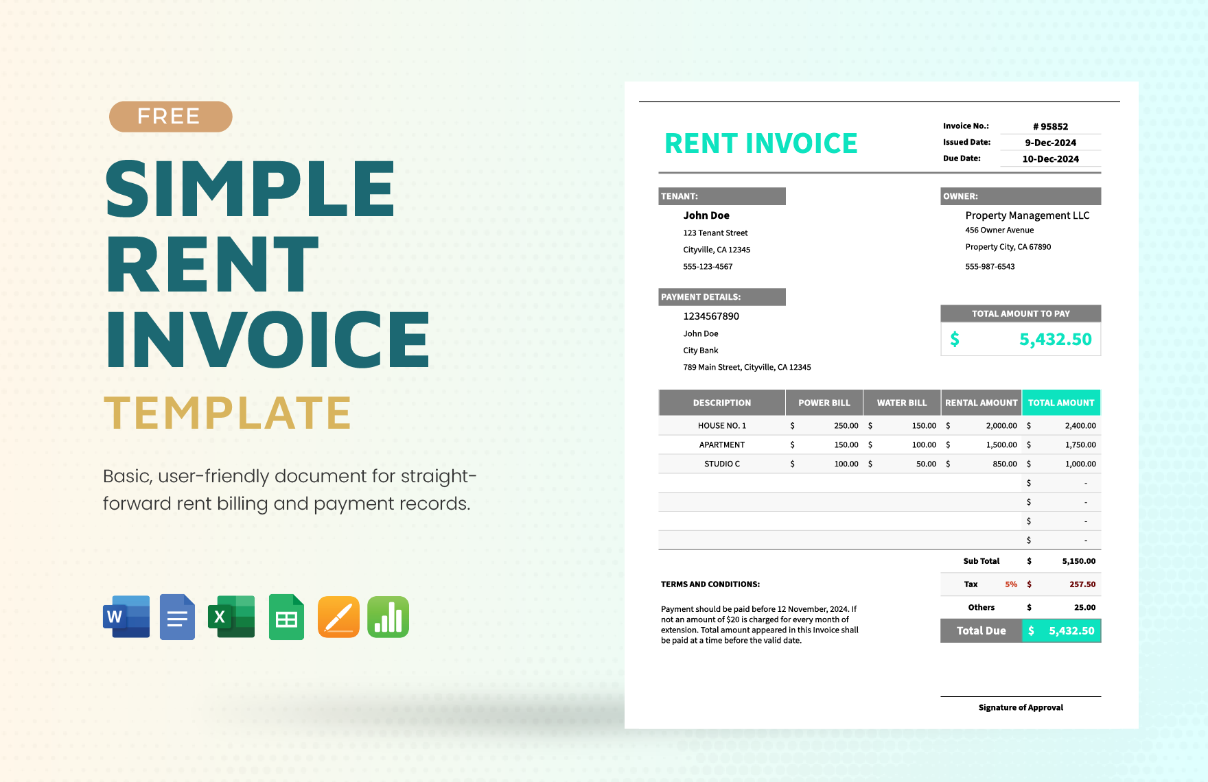 Simple Rent Invoice Template in Word, Google Docs, Excel, Google Sheets, Apple Pages, Apple Numbers