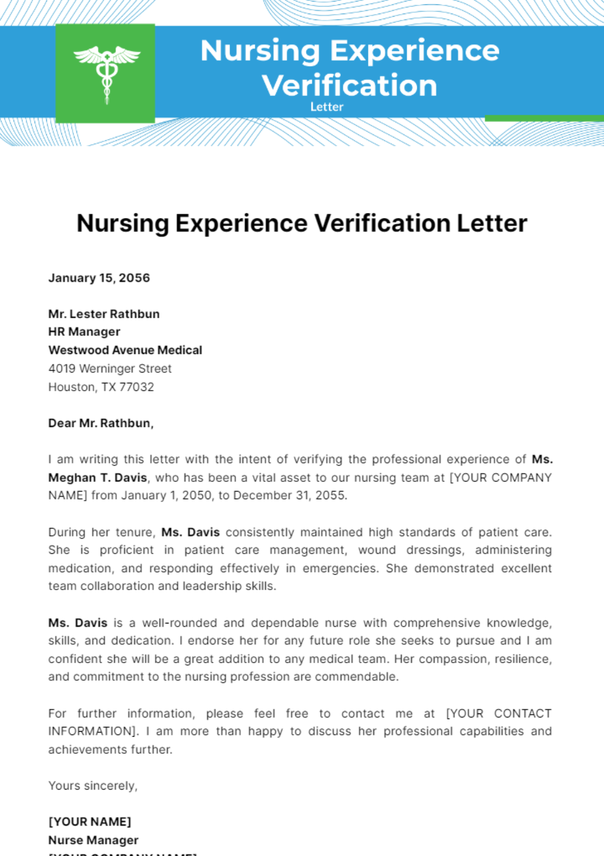 Nursing Experience Verification Letter Template