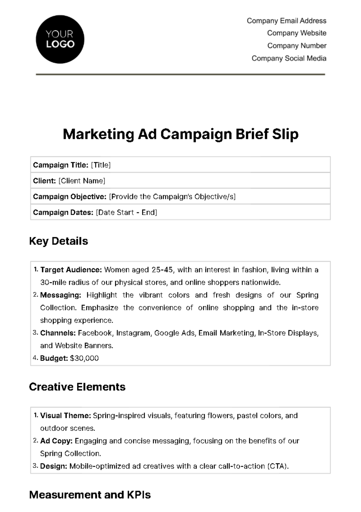 Marketing Ad Campaign Brief Slip Template
