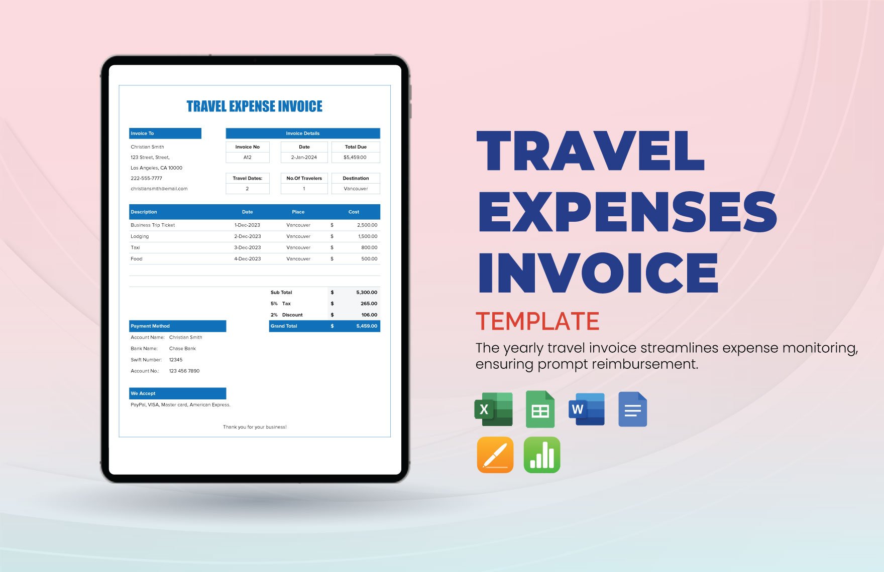 Travel Expense Invoice Template in Word, Google Docs, Excel, Google Sheets, Apple Pages, Apple Numbers