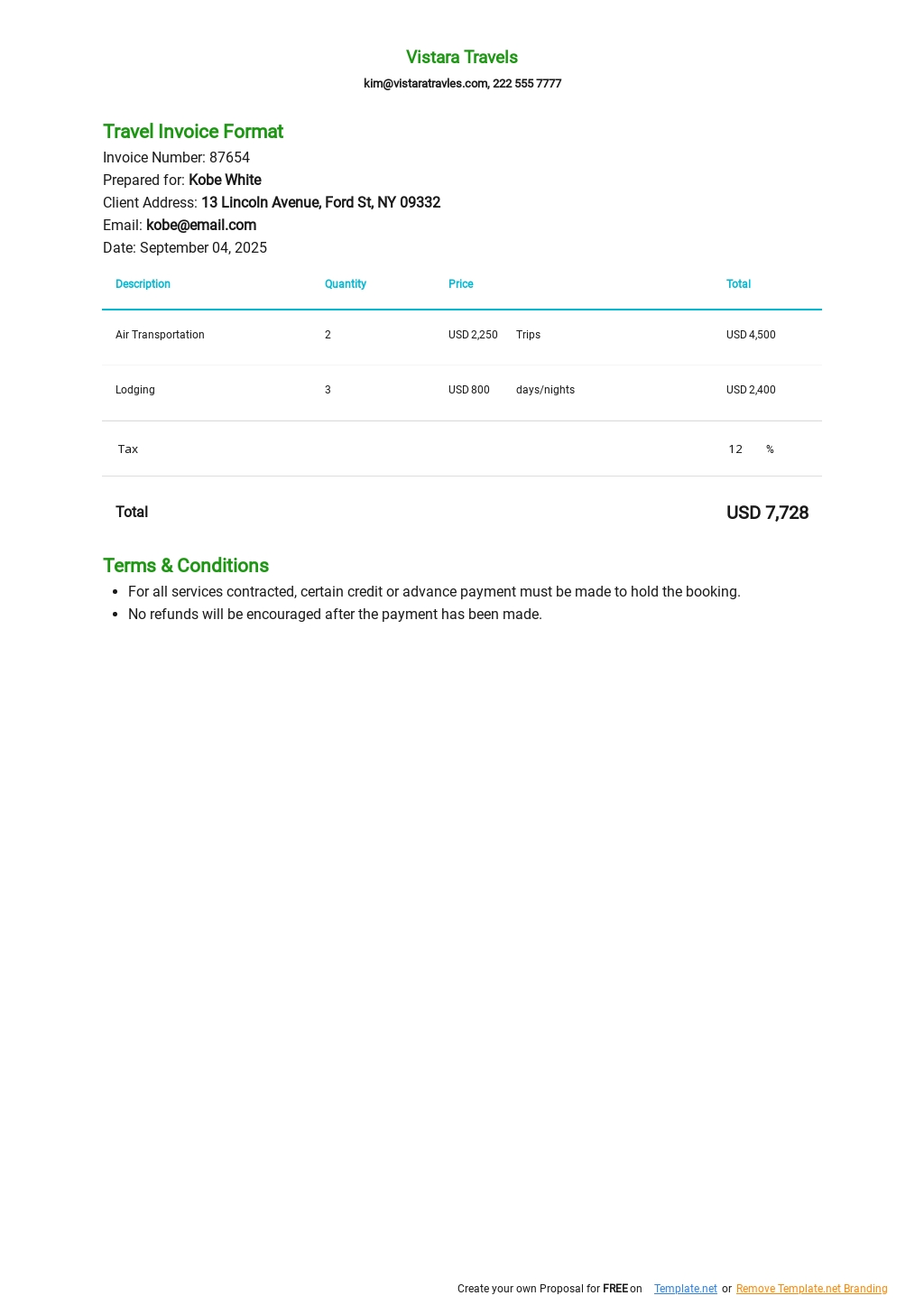 travel bill format in word free download