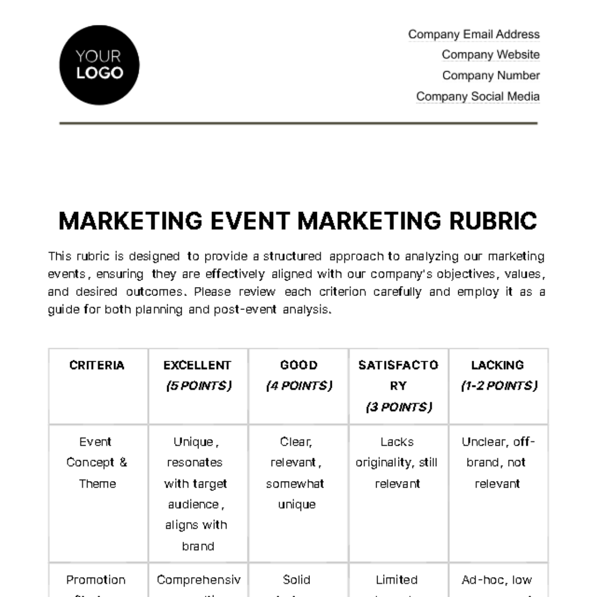 Marketing Event Marketing Rubric Template