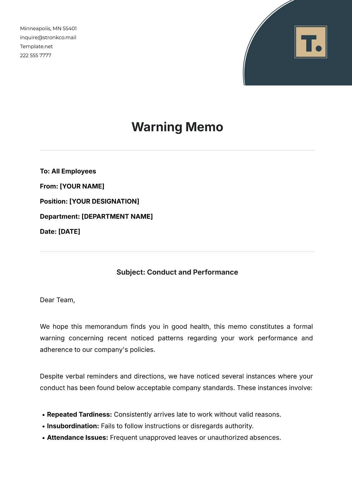 Warning Memo Template - Edit Online & Download