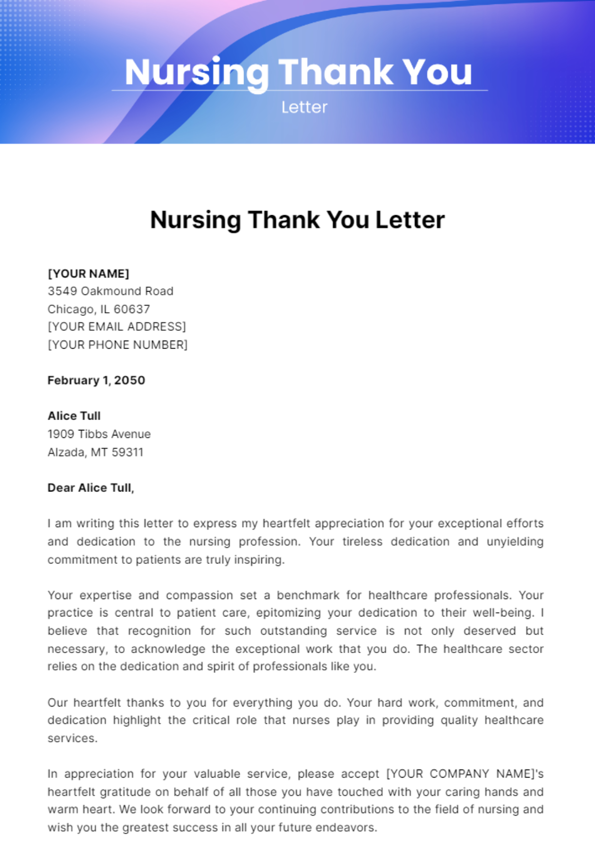 Nursing Thank You Letter Template