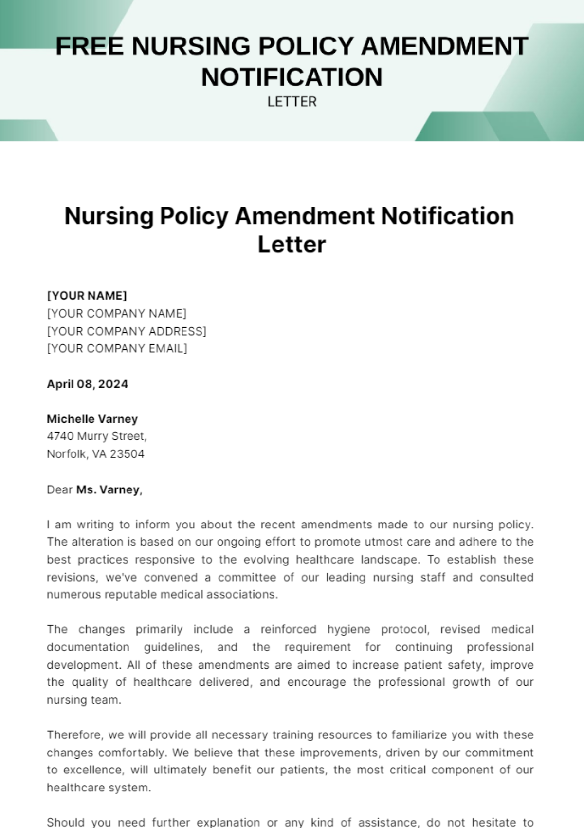 Nursing Policy Amendment Notification Letter Template - Edit Online & Download