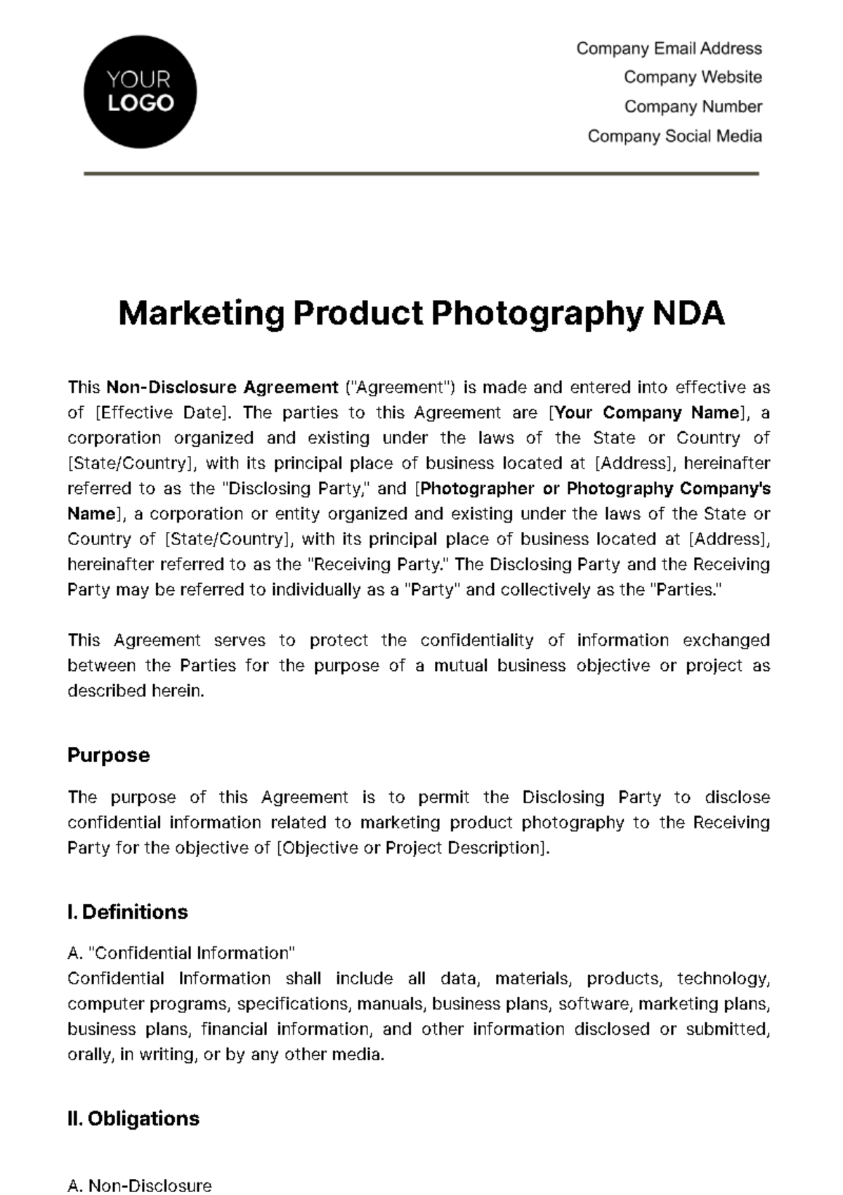 Marketing Product Photography NDA Template