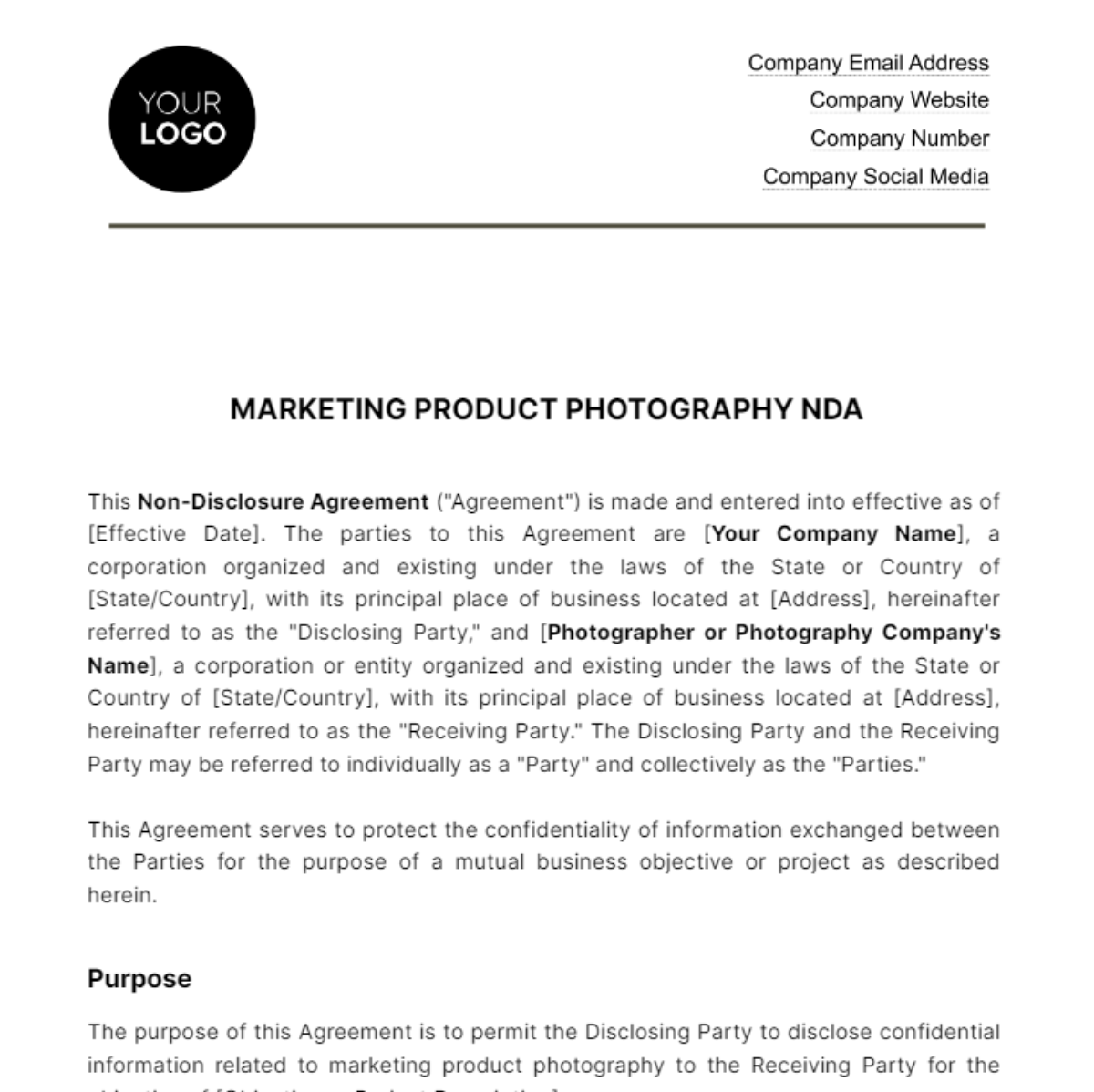 Marketing Product Photography NDA Template