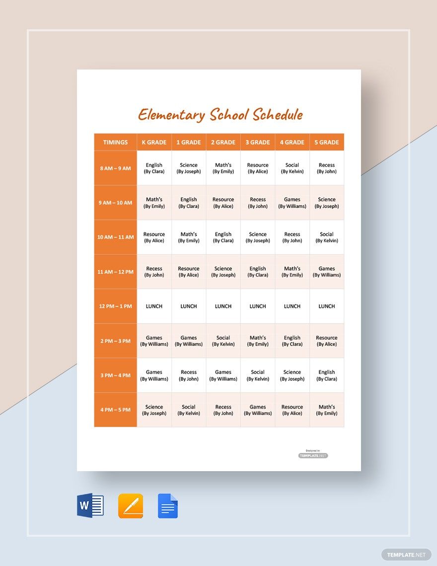 Sample Elementary School Schedule Template