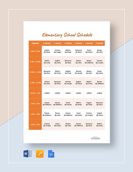 Free Sample Elementary School Schedule Template - Word, Apple Pages